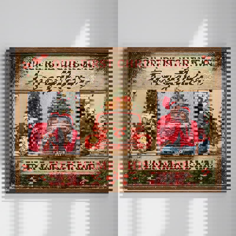 First Christmas together canvas wall art, personalized photo collage with names and date on rustic shiplap, gallery wrapped | Familywalldecor