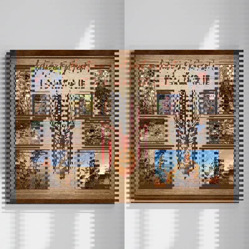 American flag deer collage canvas wall art, personalized with custom hunting photos and family name, rustic farmhouse style | Family Wall Decor