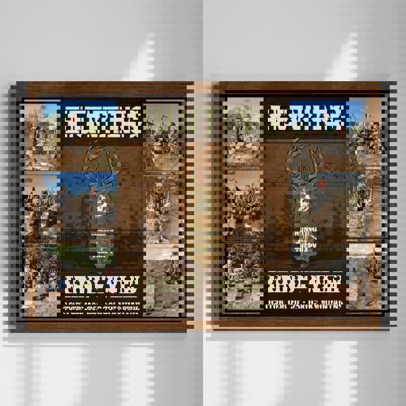 Hunting Is My Therapy canvas featuring a personalized deer photo collage on rustic wood, custom names and date, meaningful gift for Dad | Family Wall Decor