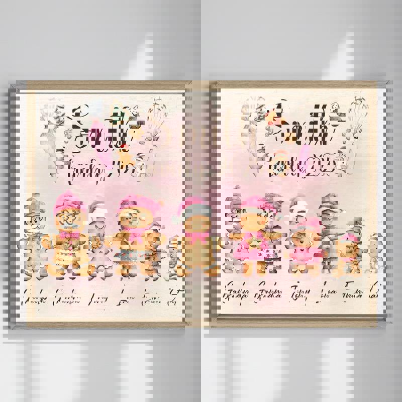 Pink gingerbread family Christmas canvas wall art with custom names, pastel sweets and snowflakes, cozy holiday mantel decor | Familywalldecor