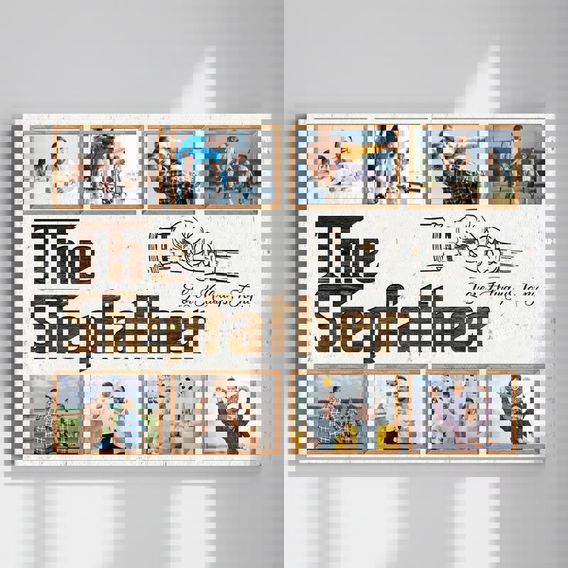 Personalized stepfather photo collage canvas, rustic farmhouse wall art with custom names and date, Father’s Day gift | Family Wall Decor