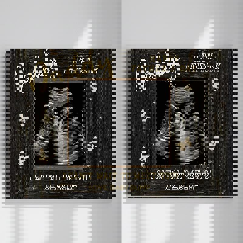 Father’s Day from bump ultrasound canvas, personalized with baby’s name and due date, white portrait layout for Dad’s gift | Family Wall Decor