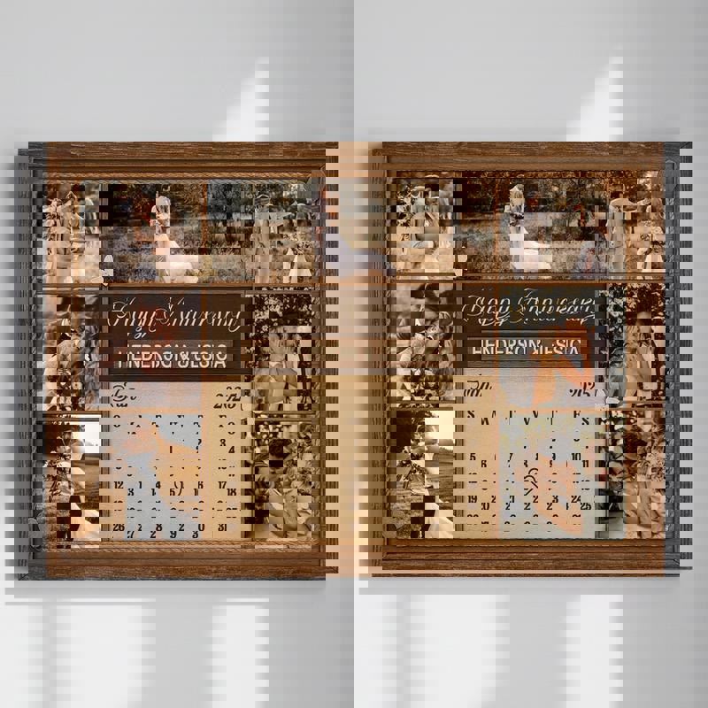 Rustic farmhouse anniversary calendar canvas with personalized names, wedding date, and photo collage, a heartfelt couple gift | Familywalldecor