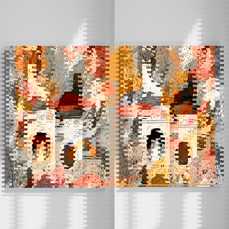 Thanksgiving watercolor canvas wall art for laundry room, 'Wash, Dry, Press, Fold' sign with pumpkins and fall leaves | Familywalldecor