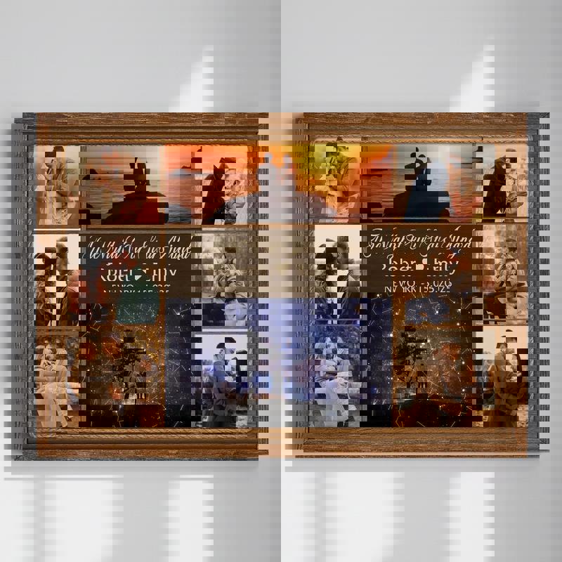 custom star map photo collage canvas with night sky, personalized names, date, and location, rustic anniversary wall art | Family Wall Decor