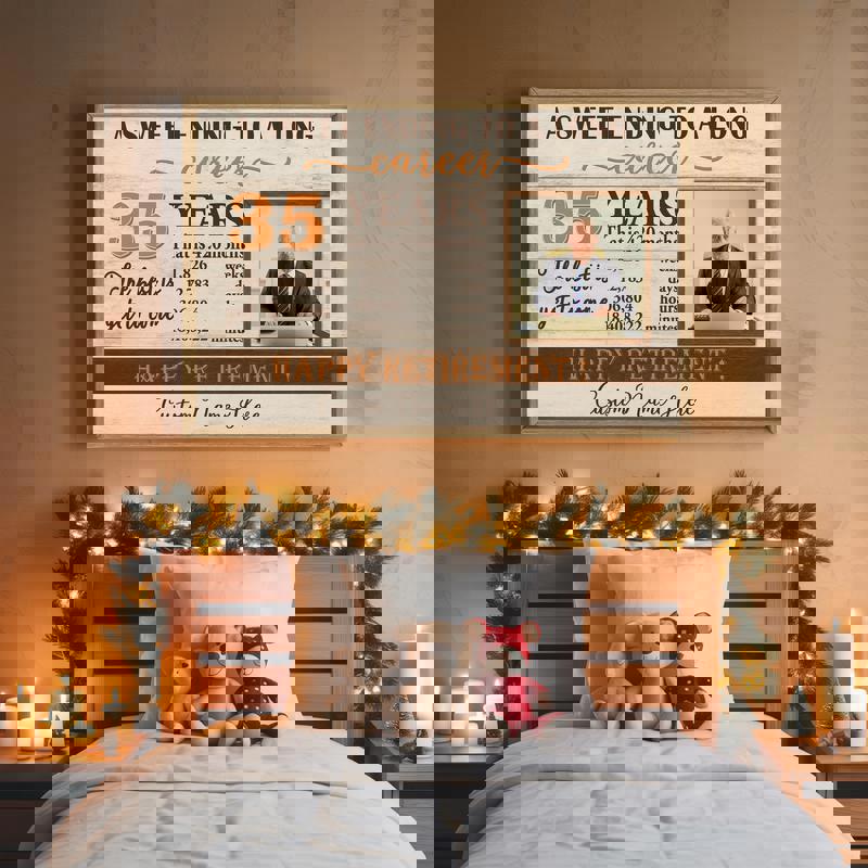 Retirement personalized photo canvas, rustic farmhouse charm with script quote, custom photo and name; entryway wall decor