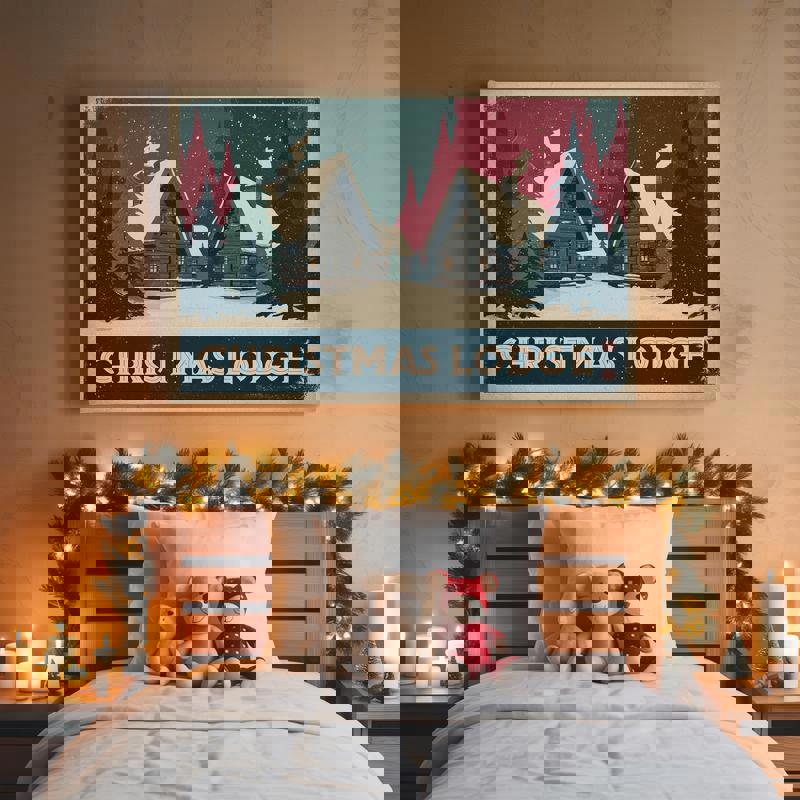 Christmas Lodge Retreat Retro canvas print, vertical dorm art with emblem‑style lodge graphic, gentle snowfall, and softly faded retro hues.