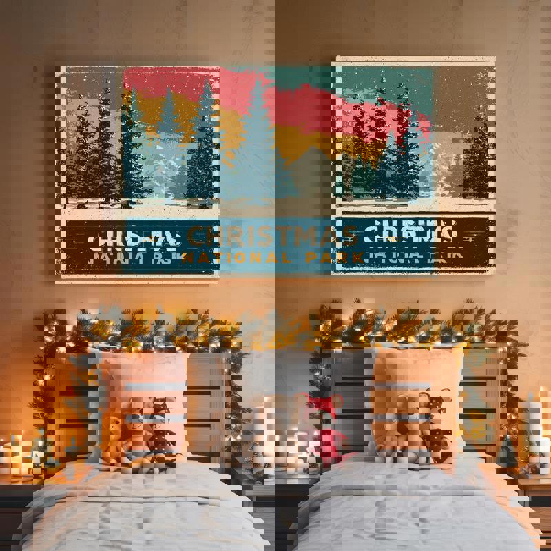 Christmas National Park canvas wall decor, aged poster texture with snowy pine valley, outdoorsy vibe for dorm spaces