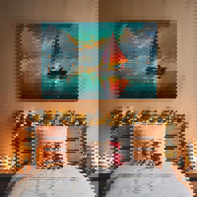 Christmas boat canvas, monochrome night scene with shimmering reflections and soft bokeh, elegant dorm room winter wall decor