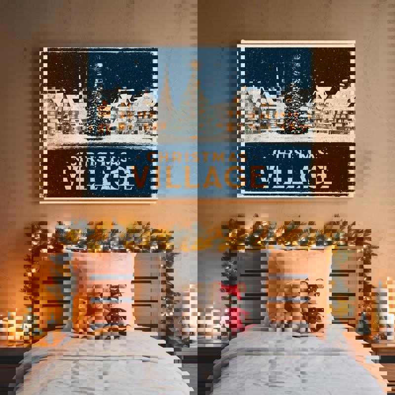 Retro Christmas village canvas print portraying a classic winter village scene, muted tones and sparkling lights suit relaxed dorm style