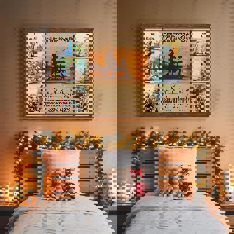 Father and son fishing photo collage canvas, custom family memory wall art in rustic farmhouse style, perfect for home decor