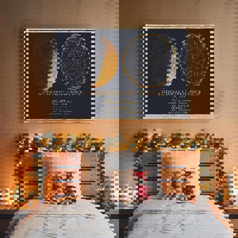 moon phase and star map canvas print tailored with names, date, and coordinates, portrait layout, stargazer anniversary gift moon phase and star map canvas print tailored with names, date, and coordinates, portrait layout, stargazer anniversary gift