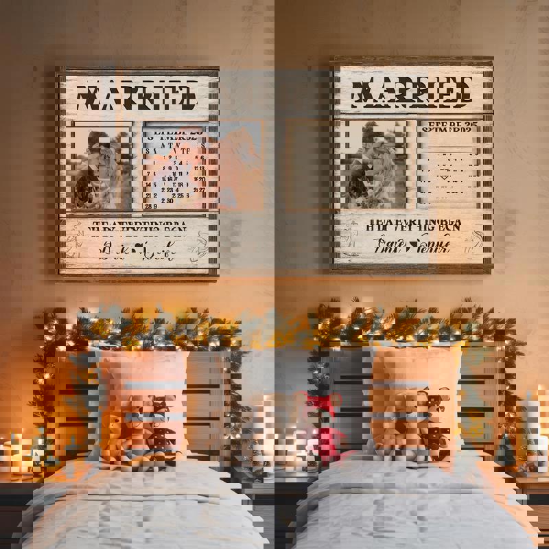 Wedding calendar canvas gift for newlyweds, personalized with couple names and special date, rustic farmhouse wall art