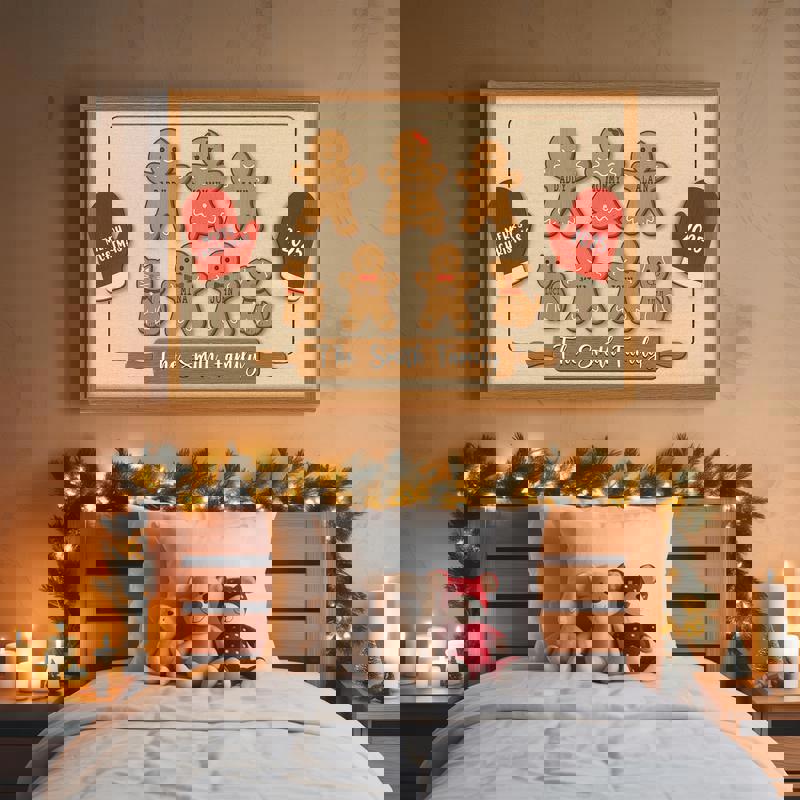 Gingerbread family canvas wall art in minimal style, custom names for grandchildren, Christmas keepsake gift for Grandma