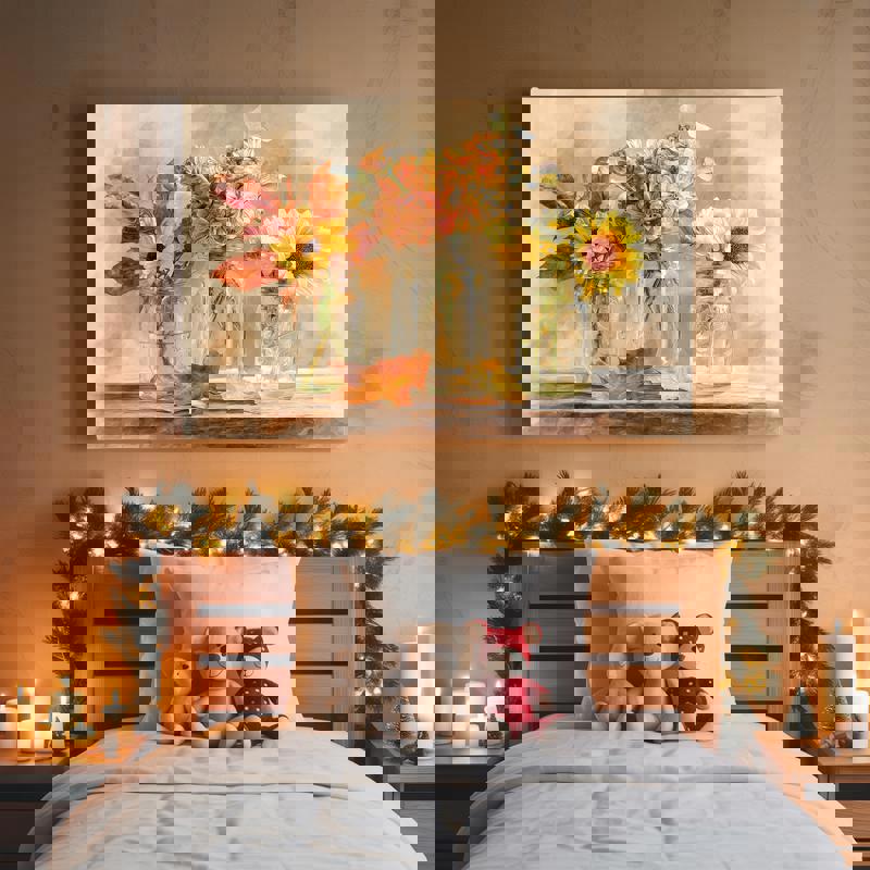 Thanksgiving floral watercolor canvas in rustic jars, autumn harvest palette of sage and sienna, laundry room wall art