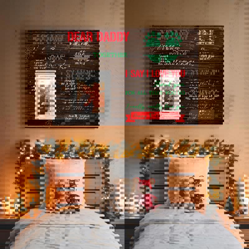 Happy First Christmas canvas print, custom from baby to Dad, rustic minimalist with personalized name and date for wall