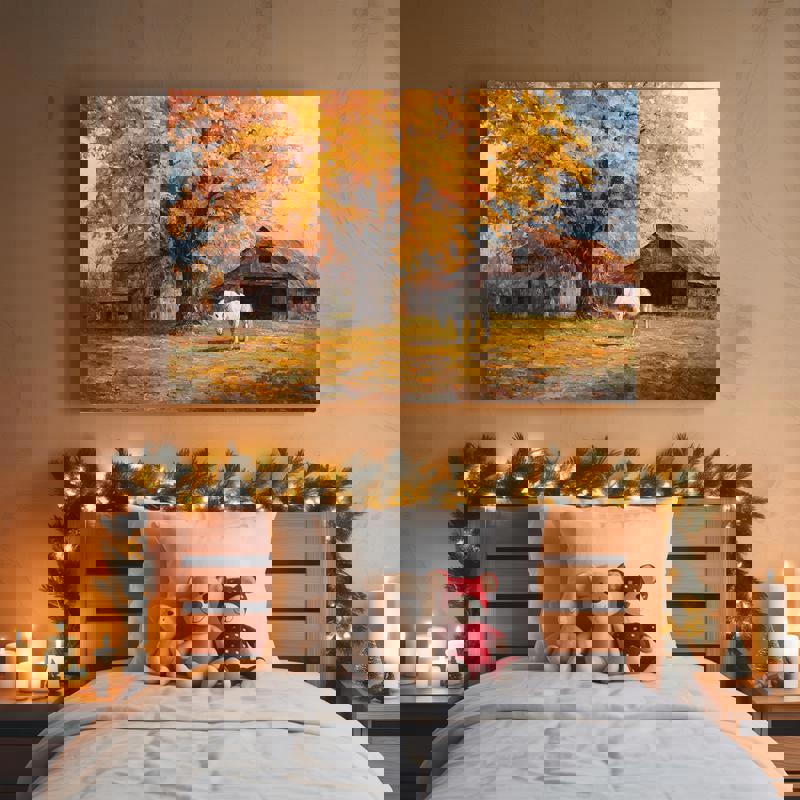 Harvest Autumn Serenity canvas, Thanksgiving wall art for dorm decor, serene fall-inspired piece to brighten study spaces.