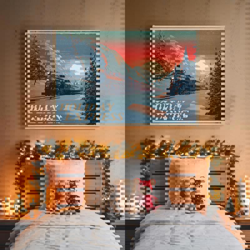 Holiday Express retro travel canvas wall art, classic travel poster accents, nostalgic Christmas dorm room decor Holiday Express retro travel canvas wall art, classic travel poster accents, nostalgic Christmas dorm room decor