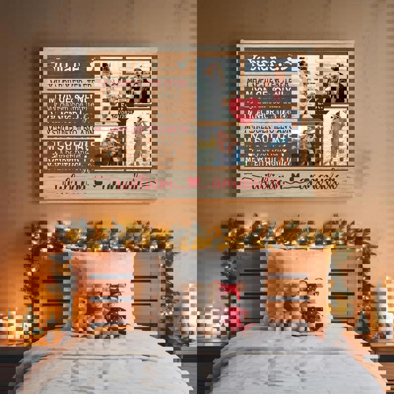 'My Happily Ever After' rustic canvas, six-photo collage, custom names and anniversary date, charming living room wall art