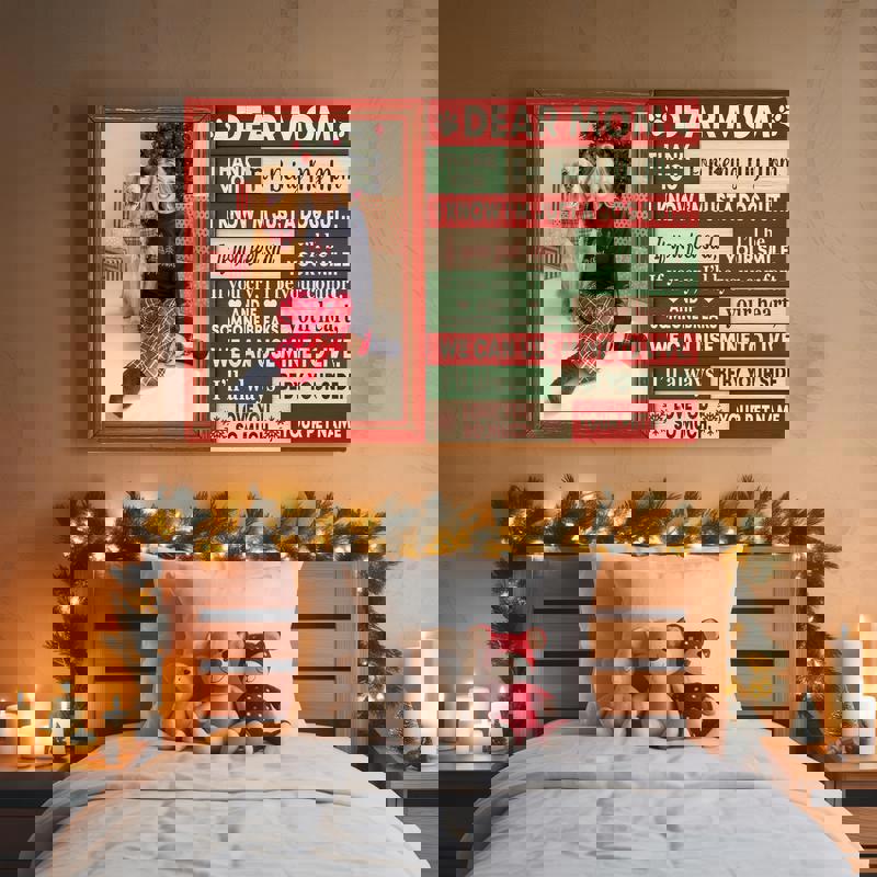 Christmas dog mom canvas with red plaid background, heart and paw graphics, personalized pet names, warm gift for dog lovers