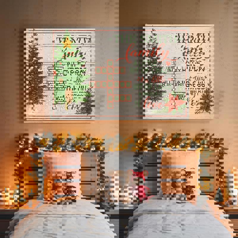 Personalized family name crossword canvas with quote, rustic farmhouse, black chalkboard style, family room decor, portrait