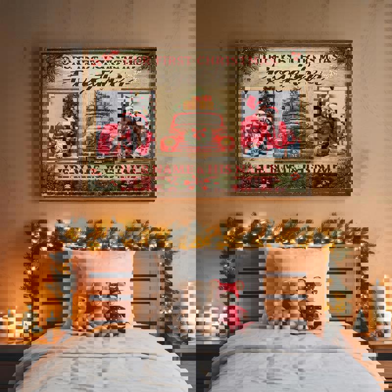 First Christmas together canvas print, custom couple photo collage with twine lights on tan linen, portrait