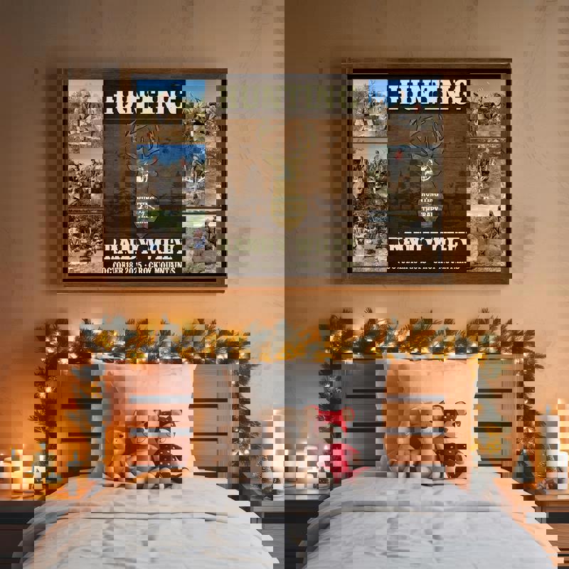 Hunting Is My Therapy canvas sign, personalized deer photo collage on rustic wood, add names, wedding or anniversary gift for hunter couples