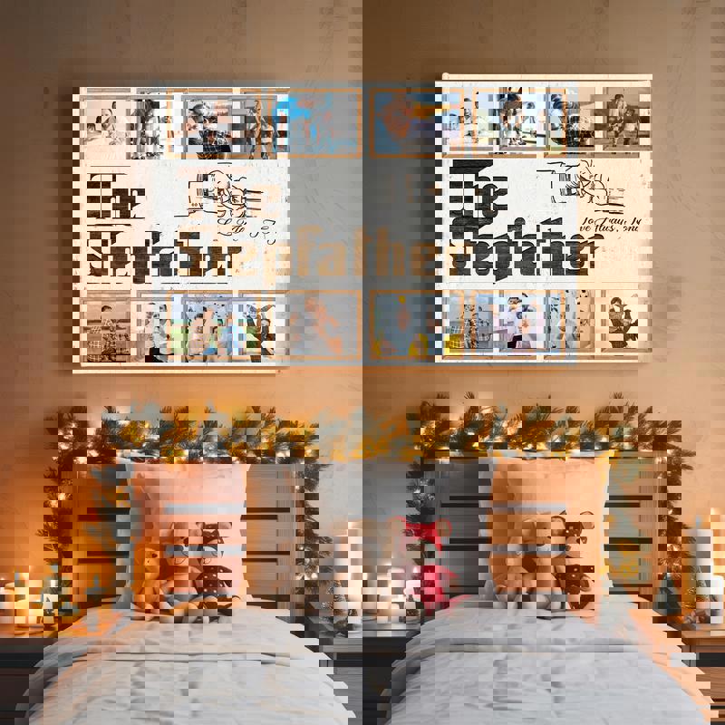 Personalized stepfather photo collage canvas, rustic neutral tones with caption and date, bonus dad birthday gift