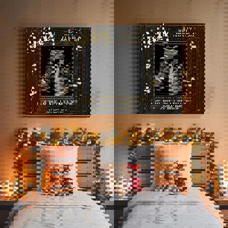 Father’s Day from bump ultrasound frame canvas, personalized photo and message, neutral beige background, portrait wall art