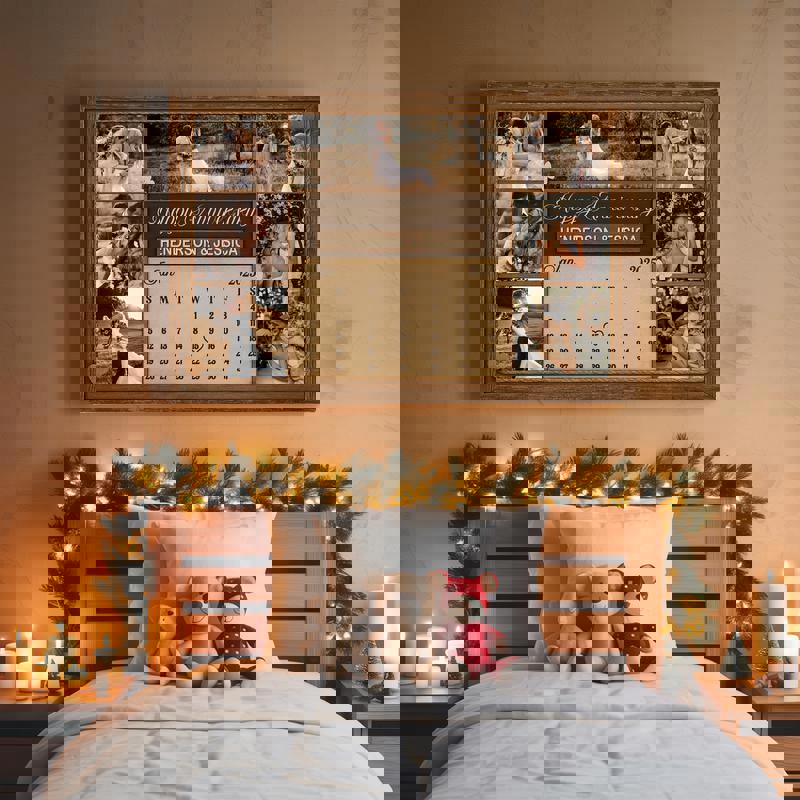 Rustic farmhouse anniversary calendar canvas with linen-look background, custom names, wedding date, and photo collage wall art Rustic farmhouse anniversary calendar canvas with linen-look background, custom names, wedding date, and photo collage wall art