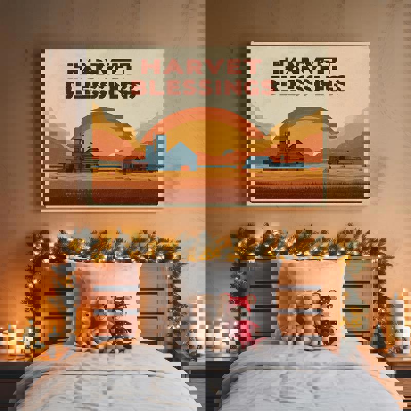 Thanksgiving harvest fields canvas, classic autumn countryside art with wheat and barn, charming host gift for fall