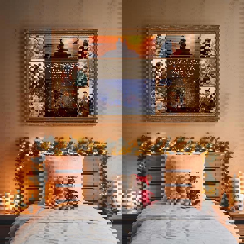 night sky star map photo collage canvas, rustic style with custom names, date, and place, romantic bedroom wall decor