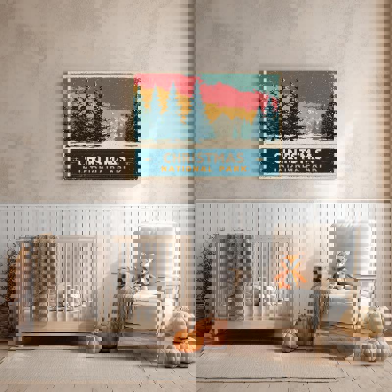 Christmas National Park canvas vintage poster, classic holiday travel art with snowy scenery, perfect for dorm walls