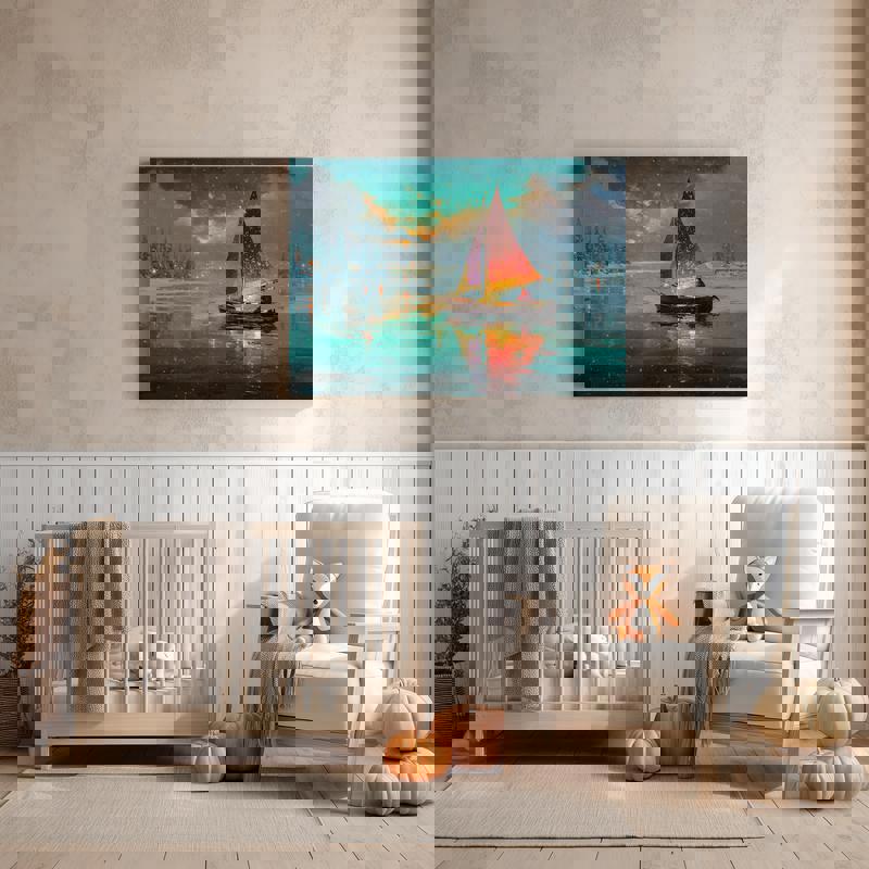 Festive boat Christmas canvas print, cozy cabin lights along dock and snowflakes, great Secret Santa gift for dorm mates