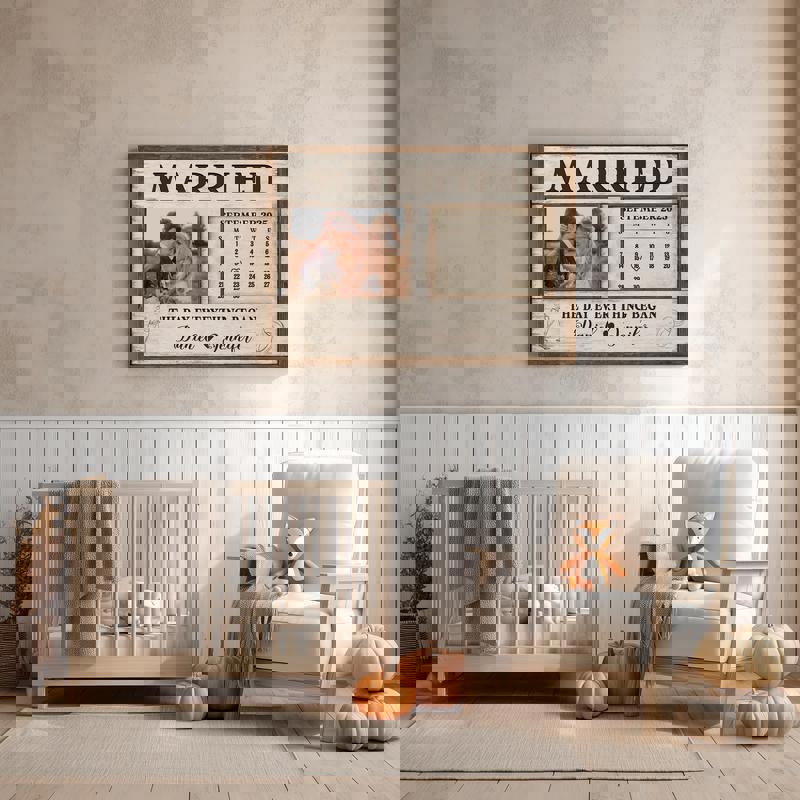 Wedding calendar canvas anniversary gift, custom names and wedding date display, weathered gray wood, portrait orientation