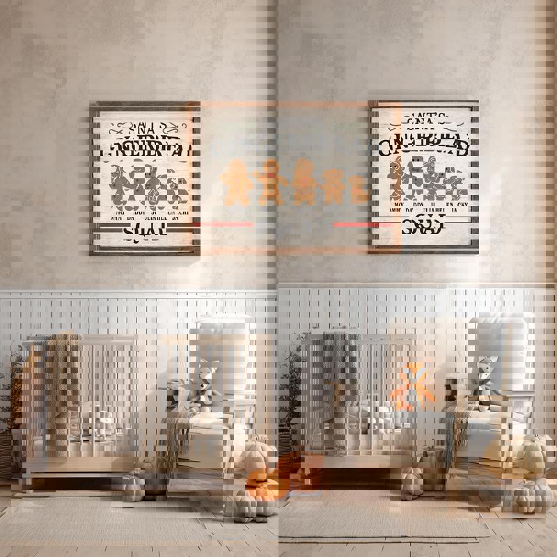 Gingerbread family canvas with custom names and heart accents, cozy rustic farmhouse Christmas art for the mantel