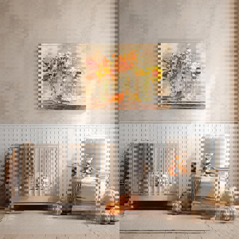 Thanksgiving floral watercolor canvas with rustic jars, square layout for laundry room; warm seasonal touch, hostess gift