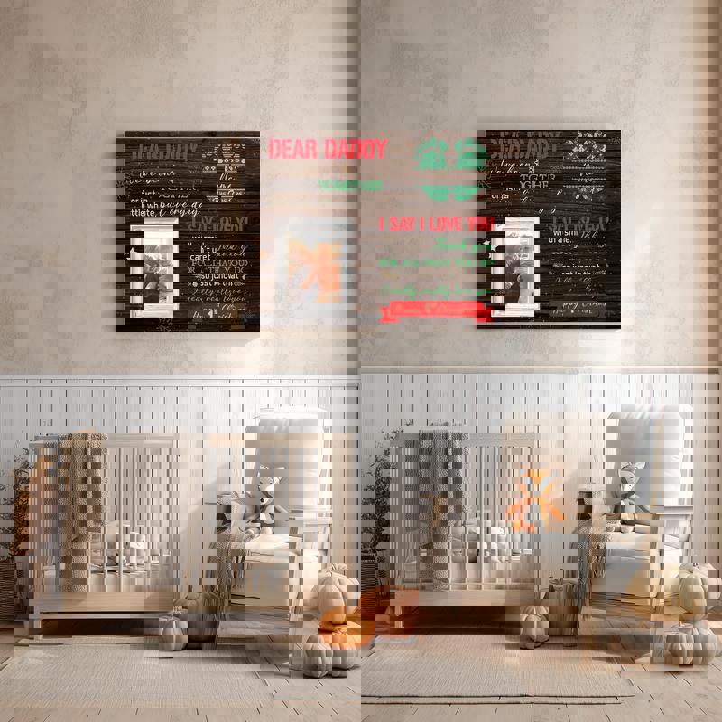 Happy First Christmas canvas artwork, personalized from baby for Dad, rustic holiday wall decor with custom names, first year