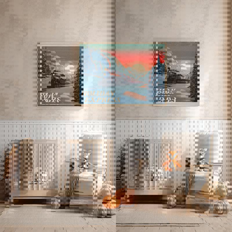 Holiday Express retro travel Christmas canvas, bold typographic poster style, spirited dorm room wall decor Holiday Express retro travel Christmas canvas, bold typographic poster style, spirited dorm room wall decor