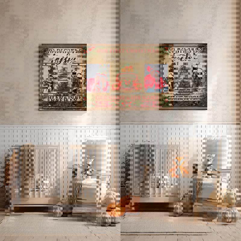 First Christmas together canvas wall art, personalized photo grid with barnwood frame effect, rustic couples anniversary gift