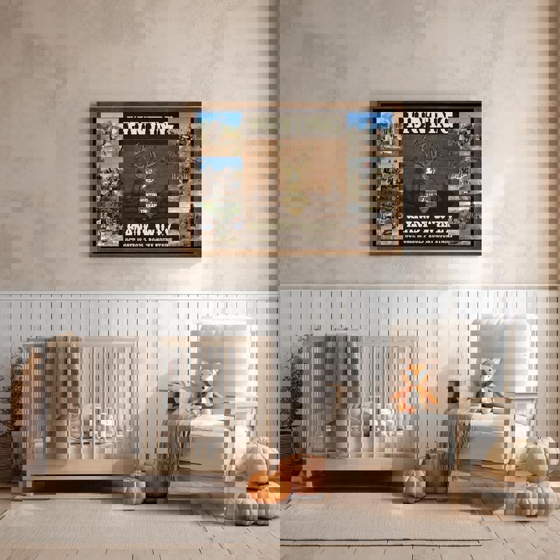 Hunting Is My Therapy canvas, custom deer photo collage, farmhouse style with antlers, personalized family name, cabin decor for hunters