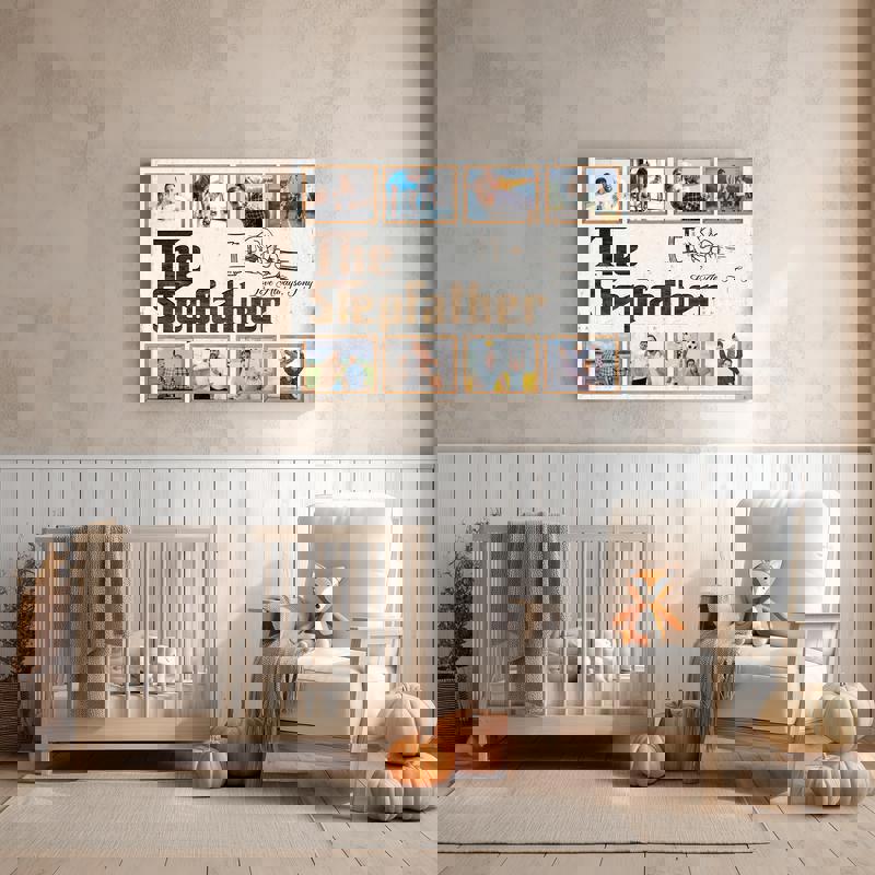 Personalized stepfather photo collage canvas wall art, farmhouse style with three large photos and kids’ names, entryway decor