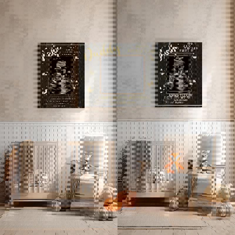 Father’s Day from bump ultrasound canvas print, custom names and date, soft blue background, square gallery-wrap for Dad