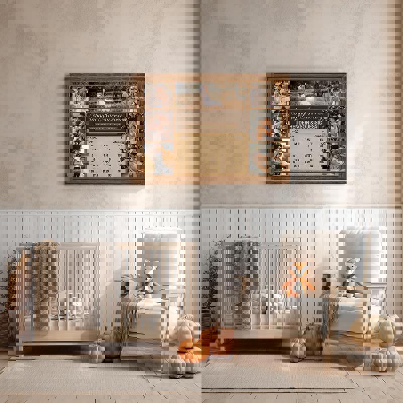 Rustic farmhouse anniversary calendar canvas personalized with names, wedding date, and photo collage, thoughtful gift for couples Rustic farmhouse anniversary calendar canvas personalized with names, wedding date, and photo collage, thoughtful gift for couples