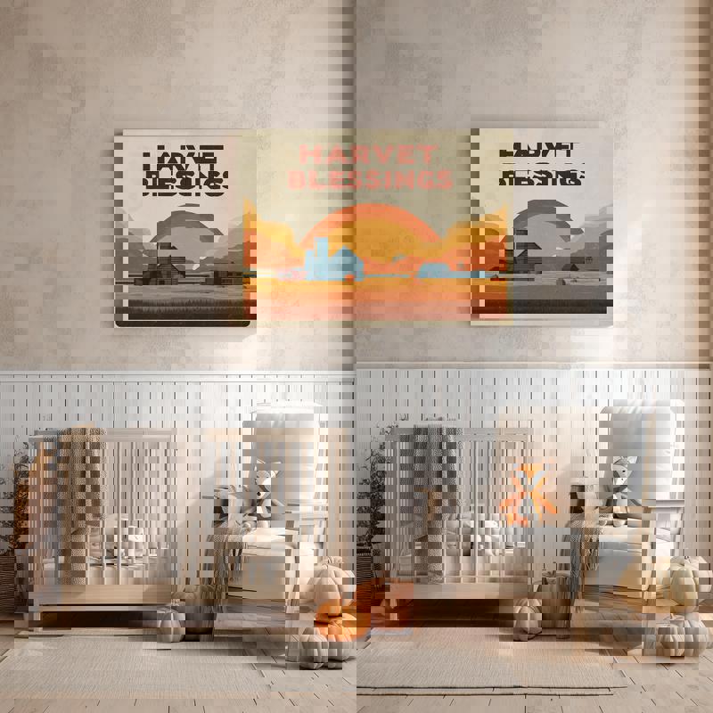 Thanksgiving harvest fields vintage canvas art with neutral palette, serene farm field view ideal for dorm wall decor