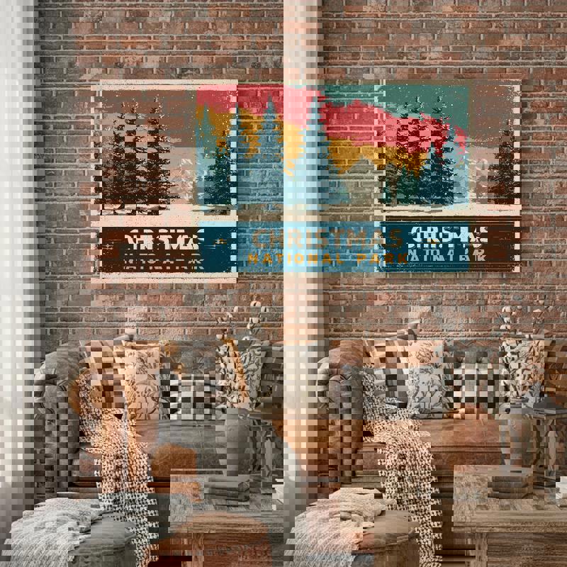 Christmas National Park canvas poster, mid-century style landscape with snowy peaks, festive dorm room wall decor