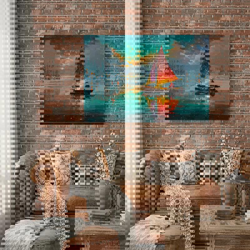 Christmas boat canvas wall art in cool navy tones, twinkle-lit pier and gentle ripples, perfect for minimalist dorm decor