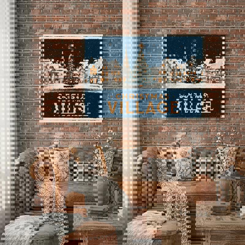 Retro Christmas village canvas wall art, vintage-style houses and glowing windows under snow, charming accent for small-space dorm decor