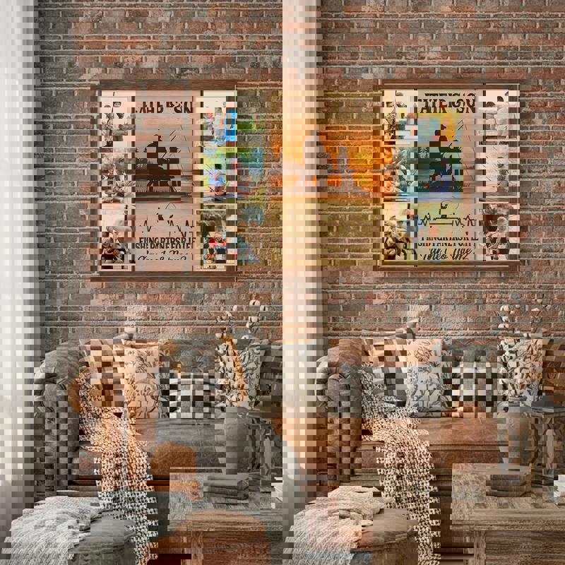 Father and son fishing photo collage canvas wall art, rustic farmhouse decor for living room or entryway, custom photos