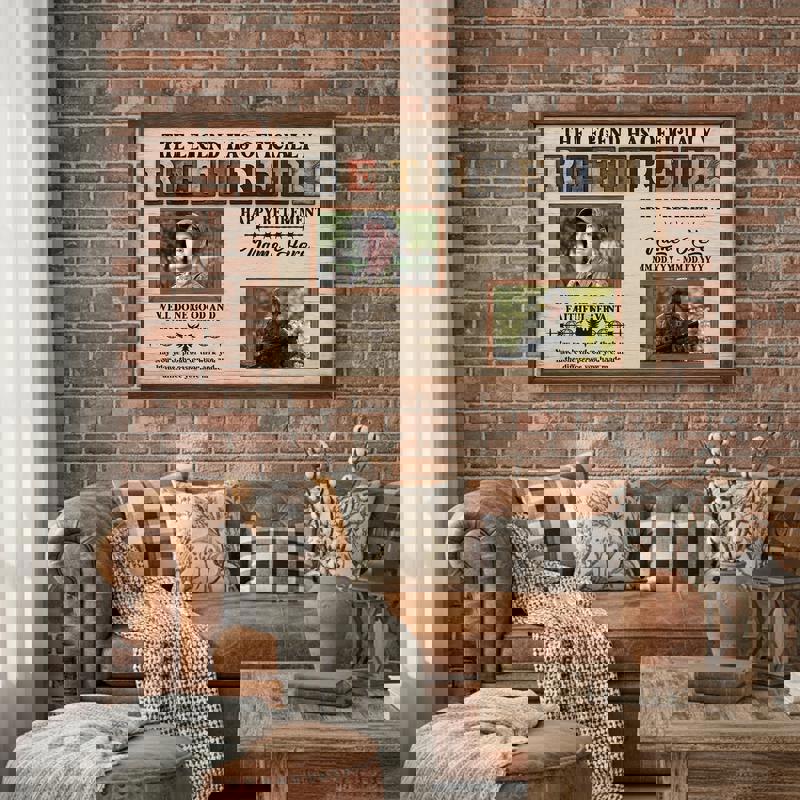 Military veteran retirement canvas photo collage, landscape layout in rustic wood tones, personalized with photos and dates